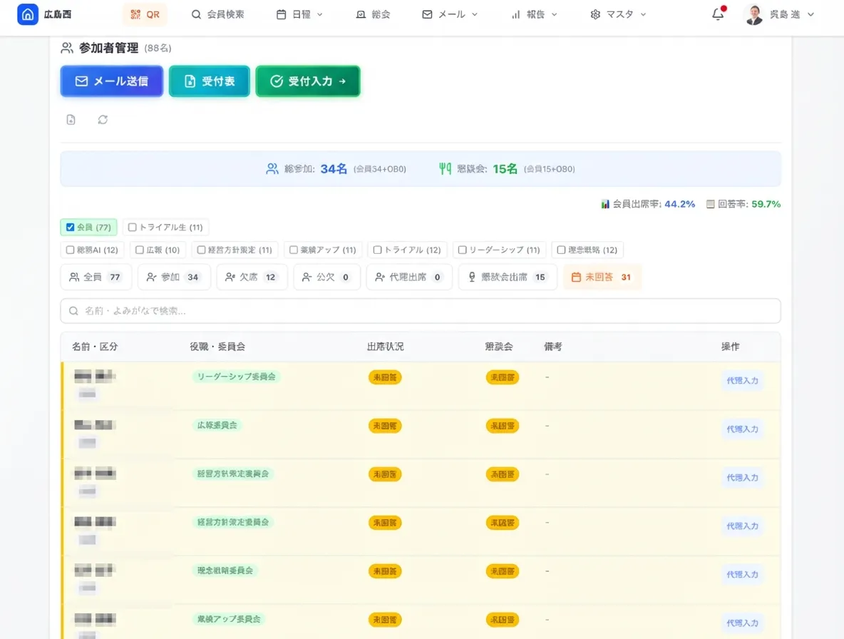 出欠管理のスクリーンショット